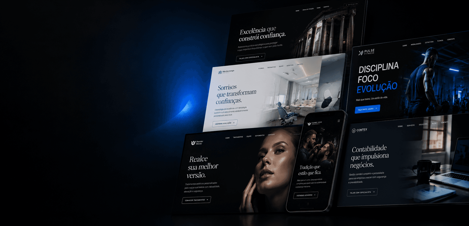 Composição com telas de sites institucionais desenvolvidos pela Felizzetti Studios para diferentes segmentos