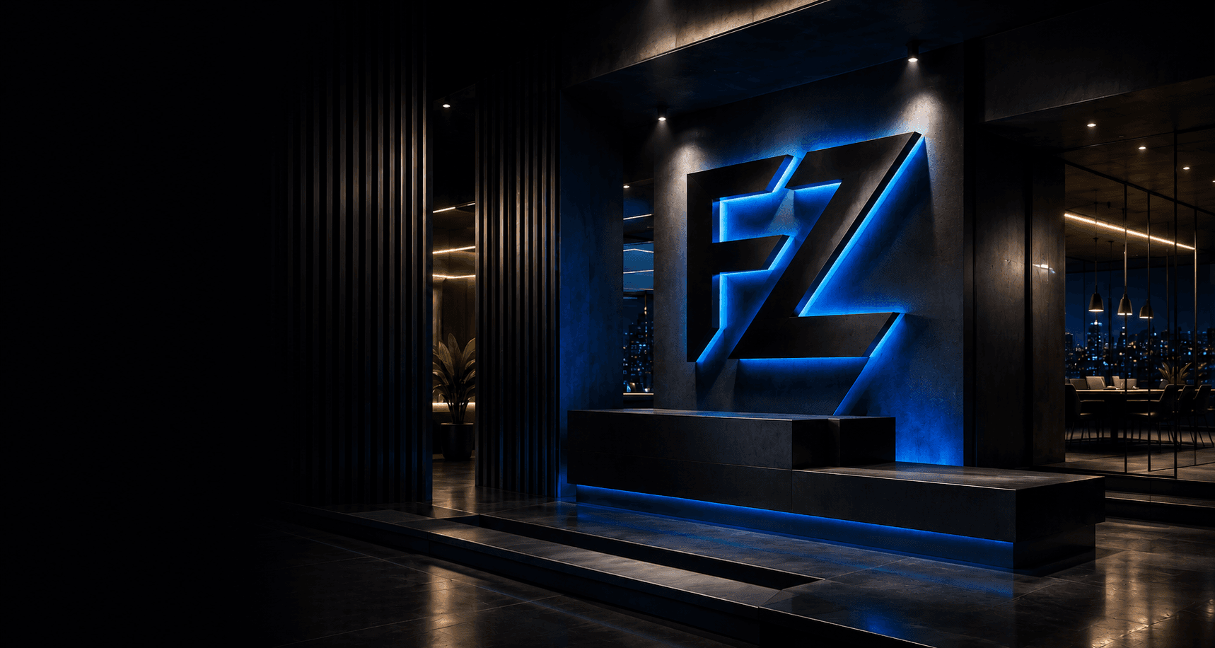 Símbolo FZ da Felizzetti Studios projetado em parede escura com iluminação azul