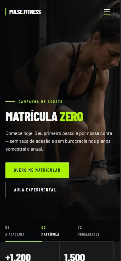 Preview mobile do template para academia